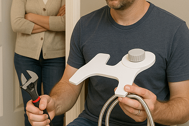 Person holding bidet components and tools while another person observes in the background.