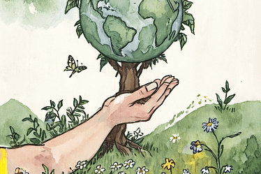 Artistic illustration of Earth as a globe on a tree with butterflies and flowers.
