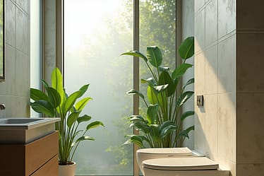 A modern bathroom featuring a bidet and two potted plants near a large window.