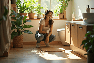 A woman squatting in a well-lit bathroom surrounded by various indoor plants.