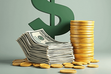 A green dollar sign behind a stack of cash and gold coins on a neutral background.