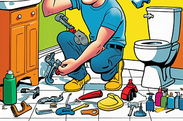 Cartoon illustration of a plumber fixing a sink in a bathroom with various tools scattered around.