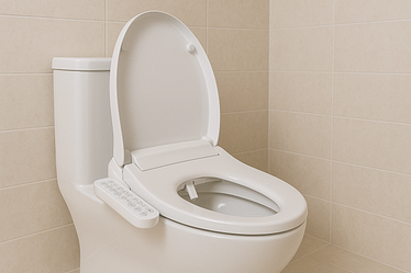 A modern bidet toilet featuring a white design and a remote control on the side.