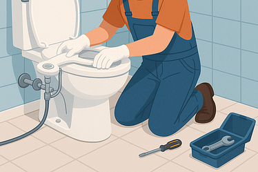 Individual wearing gloves and overalls installing a toilet seat in a bathroom setting.