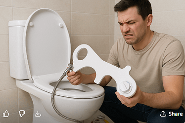 Man with a concerned expression holding a bidet attachment near a toilet in a bathroom.