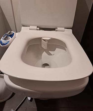 Close-up view of a white toilet featuring a bidet attachment on the side.
