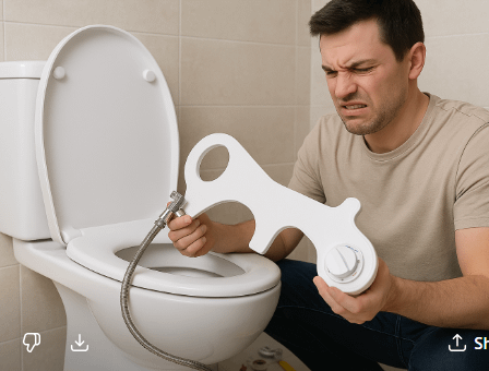 Man with a concerned expression holding a bidet attachment near a toilet in a bathroom.