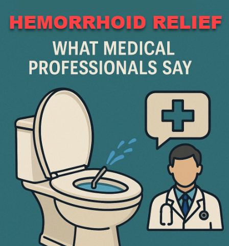 Illustration of a toilet with a medical professional and text about hemorrhoid relief.