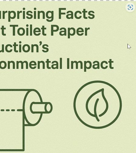 Graphic illustrating facts about the environmental impact of toilet paper production with a roll of toilet paper and a leaf icon.