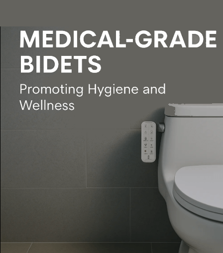 Medical-grade bidet attached to a toilet with a control panel on the side.
