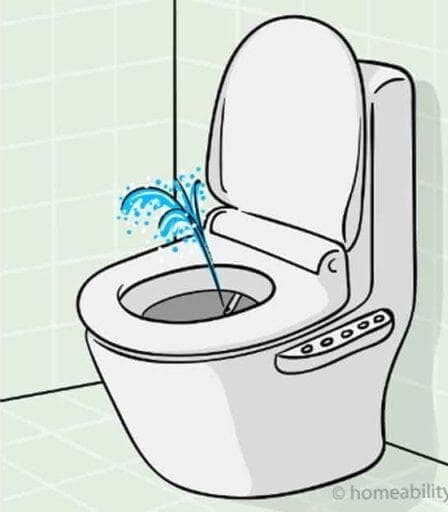 Illustration of a bidet toilet with water spraying from the bowl.
