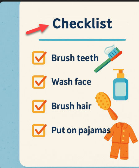 Illustrated checklist featuring items like toothbrush, face wash, and pajamas with checkmarks.