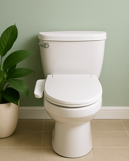 White toilet with a bidet attachment and a green plant in a pot beside it.