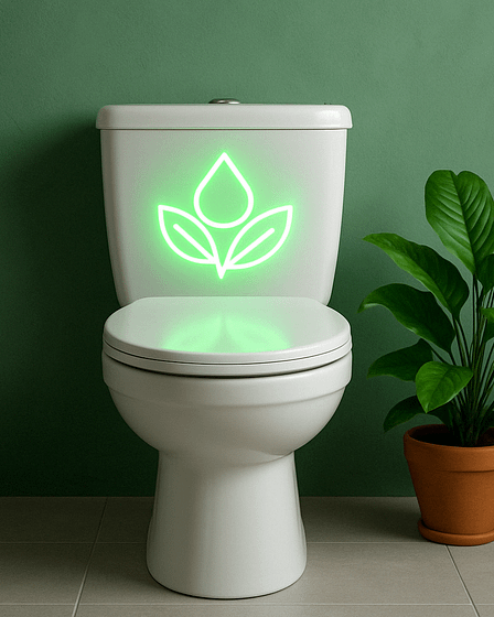 White toilet featuring a green leaf design illuminated on the tank.