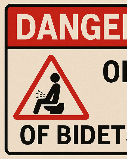 Warning sign indicating danger of bidets with a graphic of a person using one.