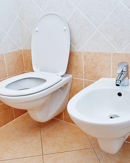 A white toilet and a bidet positioned next to each other in a tiled bathroom.