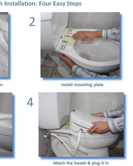 Four-step guide for installing a Brondell Swash bidet attachment on a toilet.