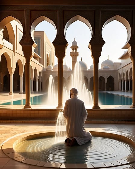 A man in traditional attire kneeling in a shallow pool in a courtyard with a fountain and arches.