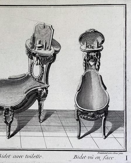 Three historical bidet designs illustrated in a detailed engraving from the 18th century.