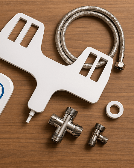 Components of a bidet conversion kit including a control panel, hose, and connectors on a wooden surface.