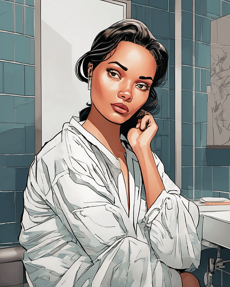 Illustration of a woman with dark hair wearing a white robe in a bathroom setting.