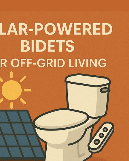 Illustration of a solar-powered bidet next to a solar panel and sun icon.