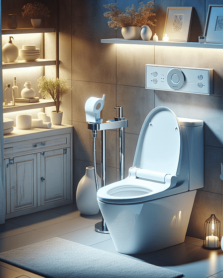 A modern bidet toilet with a sleek design in a softly lit bathroom environment.