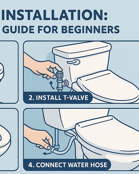 Illustration showing steps for DIY bidet installation including turning off water supply, installing T-valve, attaching bidet seat, and connecting water hose.