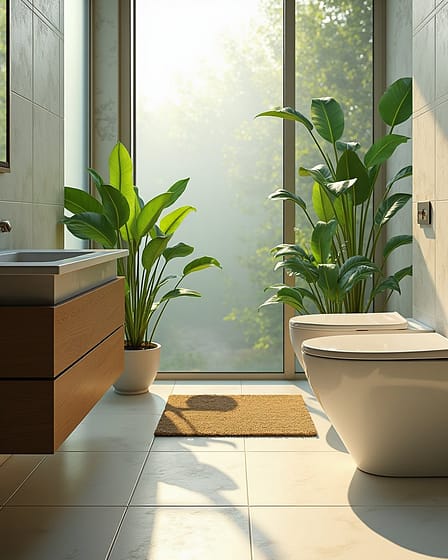 A modern bathroom featuring a bidet and two potted plants near a large window.