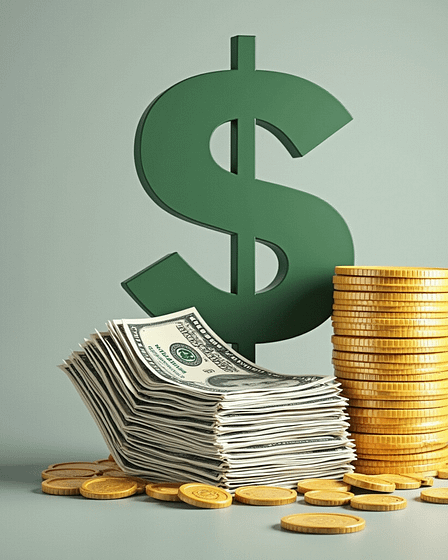 A green dollar sign behind a stack of cash and gold coins on a neutral background.