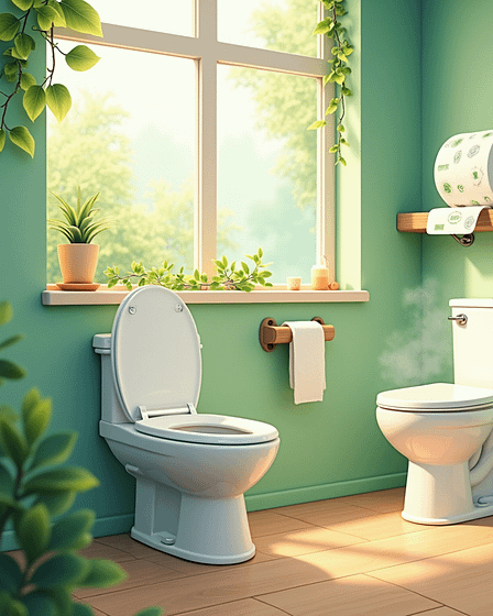 Two white toilets in a bright bathroom with green walls and a window.