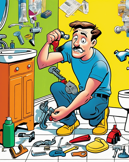 Cartoon illustration of a plumber fixing a sink in a bathroom with various tools scattered around.
