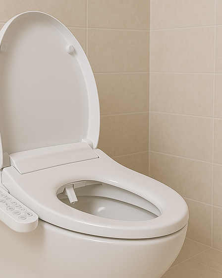 A modern bidet toilet featuring a white design and a remote control on the side.