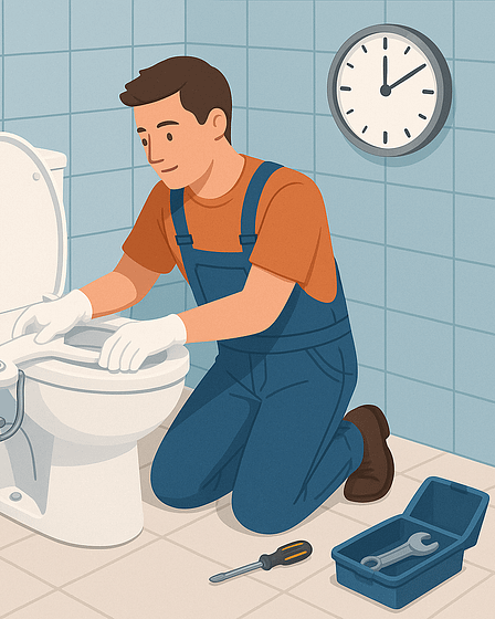 Individual wearing gloves and overalls installing a toilet seat in a bathroom setting.