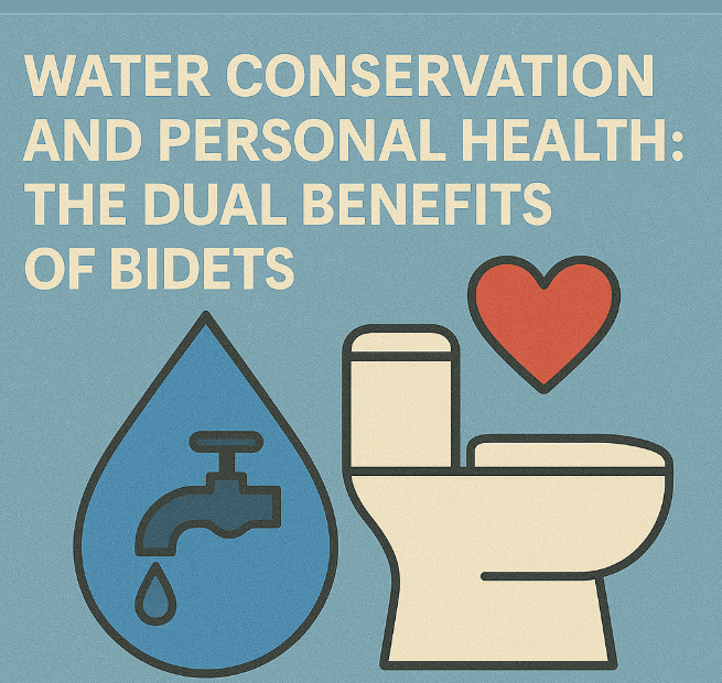 Graphic illustrating water conservation and personal health benefits of bidets with a faucet and toilet icon.