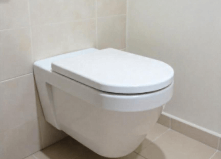 A modern wall-mounted toilet with a flush plate in a tiled bathroom setting.
