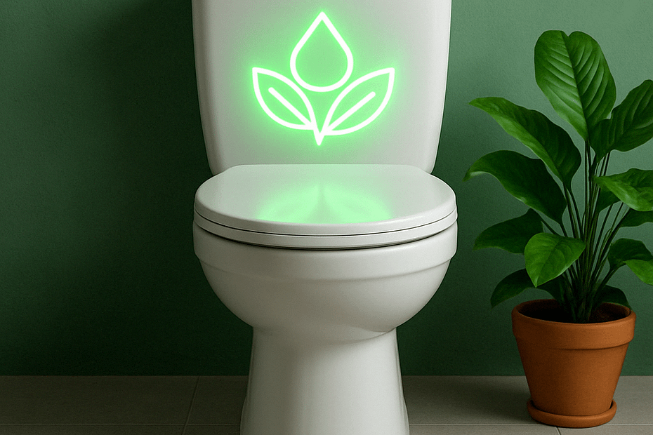 White toilet featuring a green leaf design illuminated on the tank.