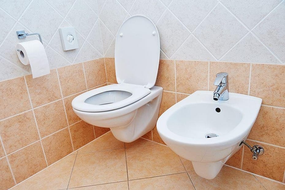 A white toilet and a bidet positioned next to each other in a tiled bathroom.