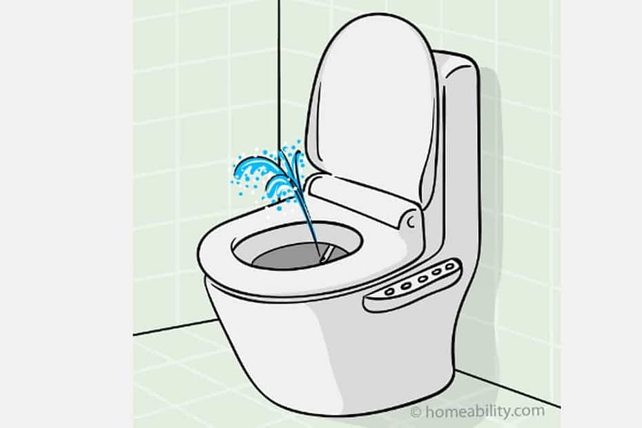 Illustration of a toilet with a bidet attachment featuring water spray.