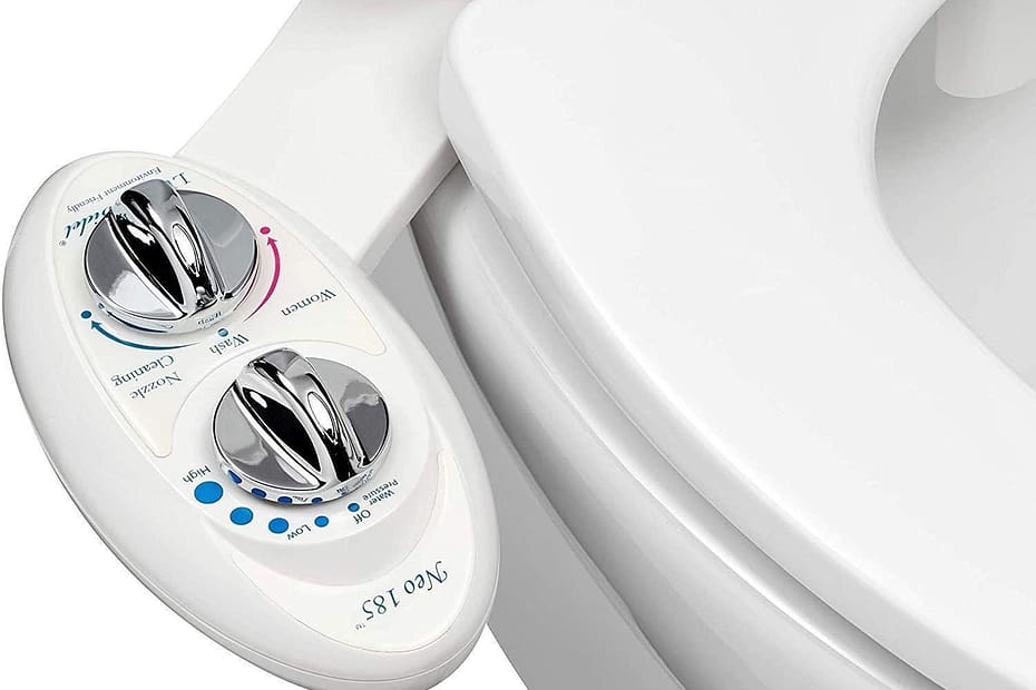 Close-up of a bidet control panel featuring adjustable water temperature and pressure settings.