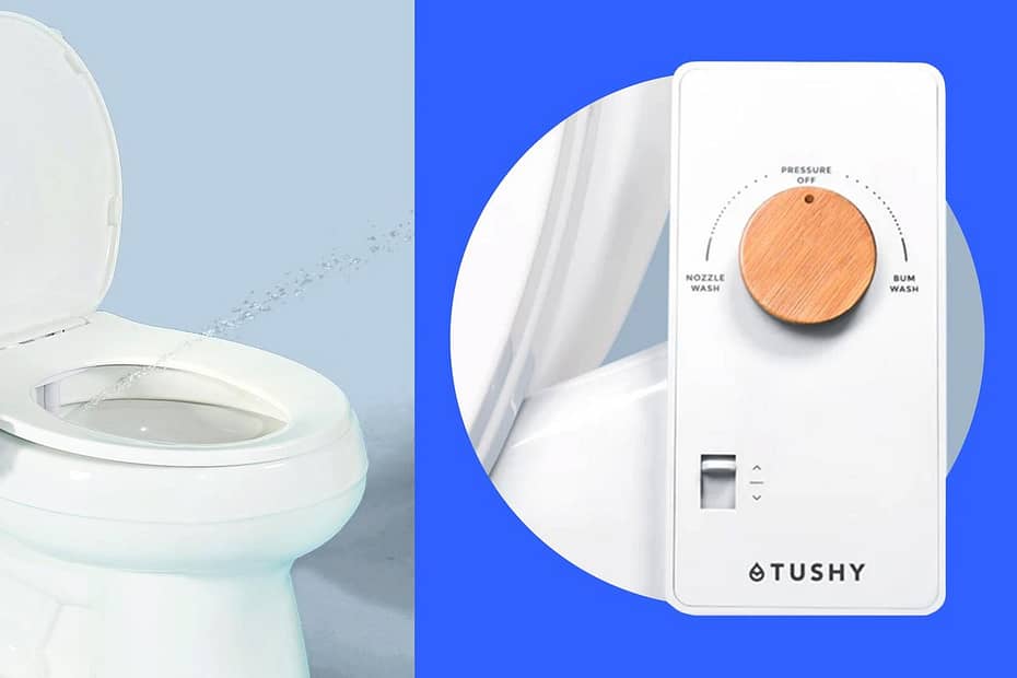 TUSHY bidet attachment installed on a toilet with a control panel for water pressure adjustment.