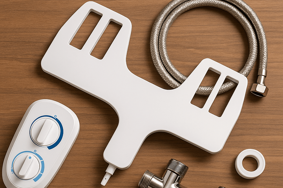 Components of a bidet conversion kit including a control panel, hose, and connectors on a wooden surface.