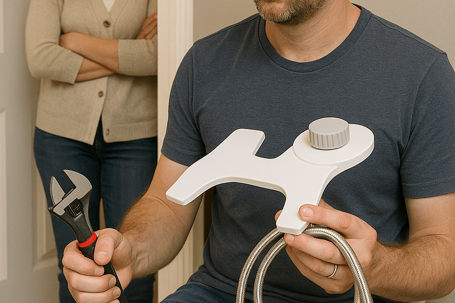 Person holding bidet components and tools while another person observes in the background.