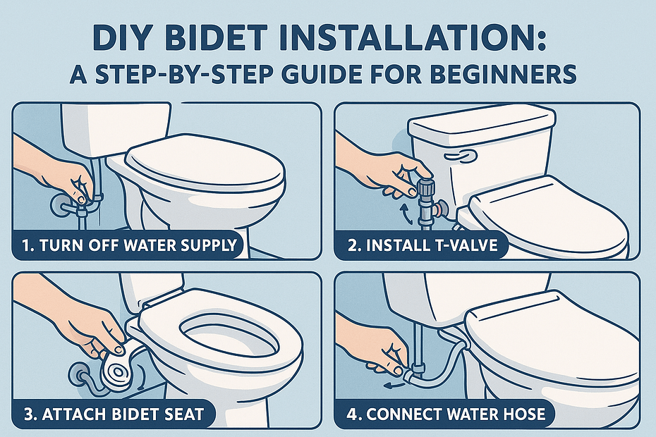 Illustration showing steps for DIY bidet installation including turning off water supply, installing T-valve, attaching bidet seat, and connecting water hose.