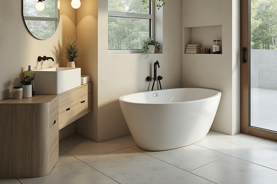 A modern bathroom featuring a freestanding white bathtub, wooden vanity, and round mirror.