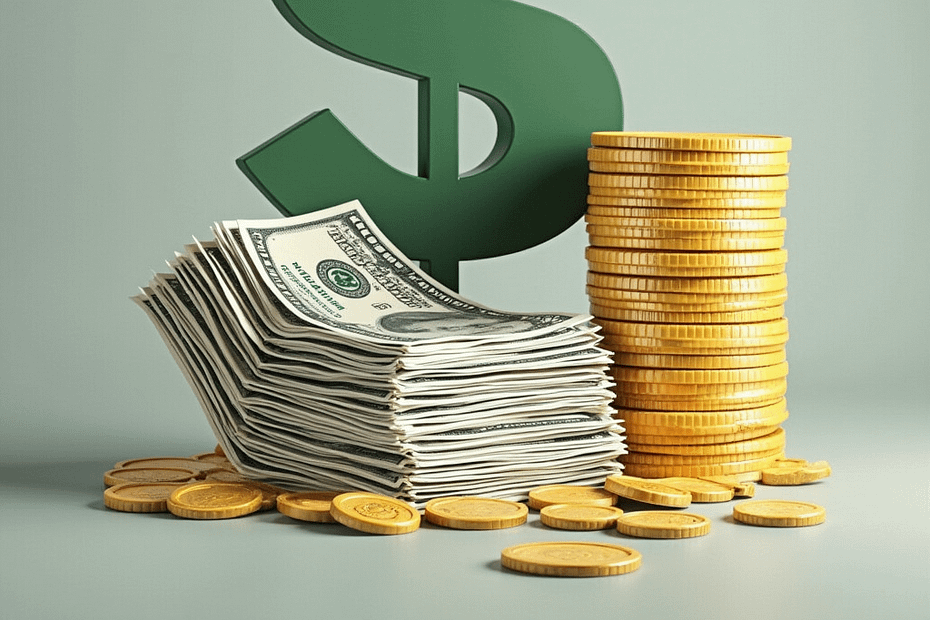 A green dollar sign behind a stack of cash and gold coins on a neutral background.