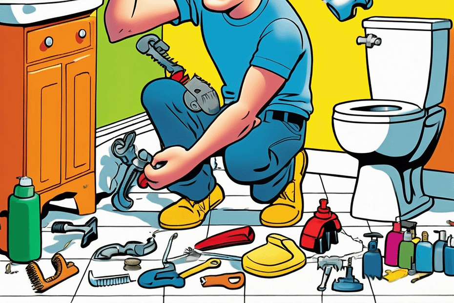 Cartoon illustration of a plumber fixing a sink in a bathroom with various tools scattered around.