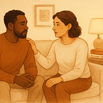 A couple sitting on a couch, engaged in a serious conversation, with the woman touching the man's shoulder.
