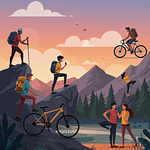 Illustration depicting various outdoor activities including hiking, cycling, and a couple by a lake during sunset.