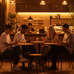 Four individuals sitting at a table in a café, each using a smartphone.